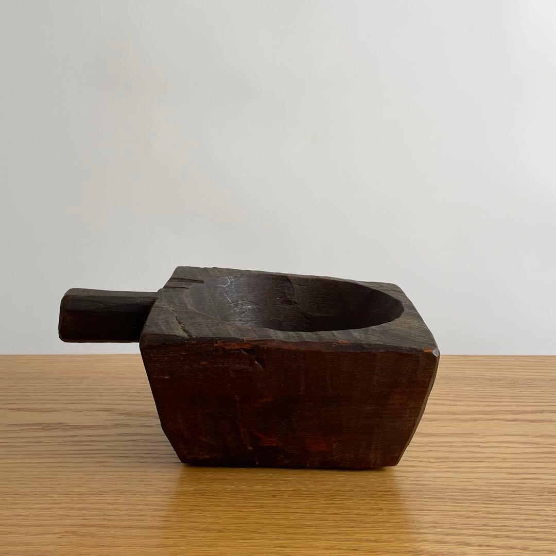 アンティーク 民藝 木工 把手付臼 花器 ブロカント インド FOLK ART