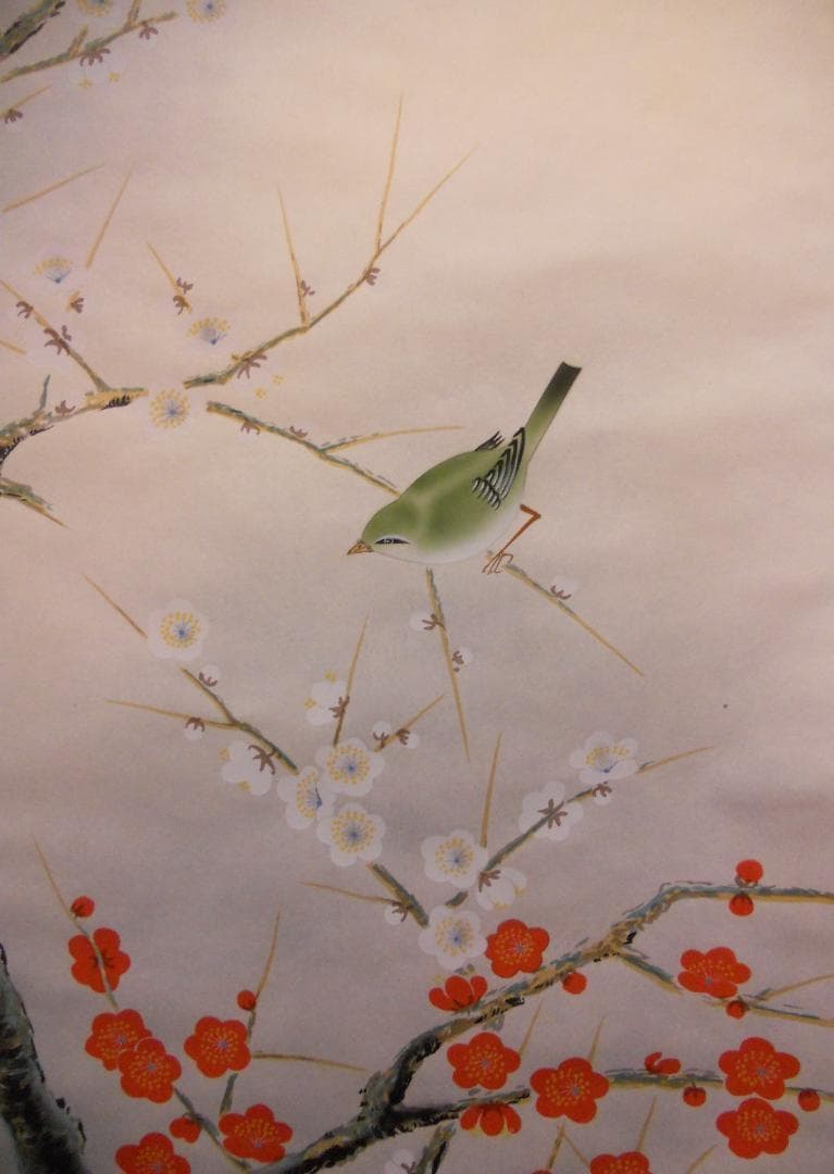 掛け軸 深谷 梅に鶯 絹本 希少 軸装 茶道具 掛軸 美品 です。