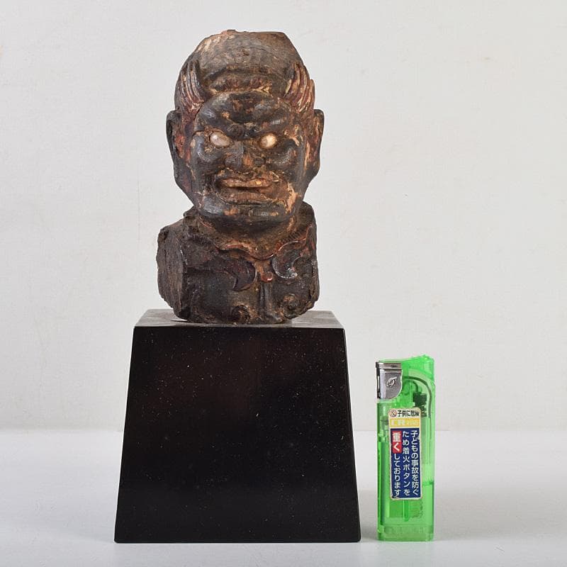 仏教美術　彩色木彫　玉眼入　十二神将像　仏像　木製台・時代箱付　G　R9231