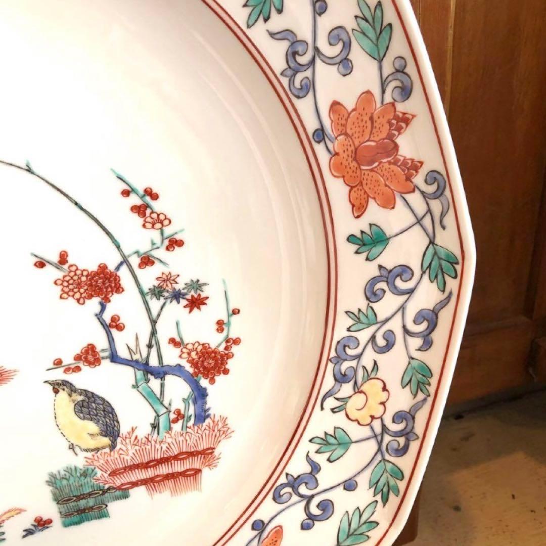 【木箱付き】 柿右衛門 色絵竹梅鶉　十角皿