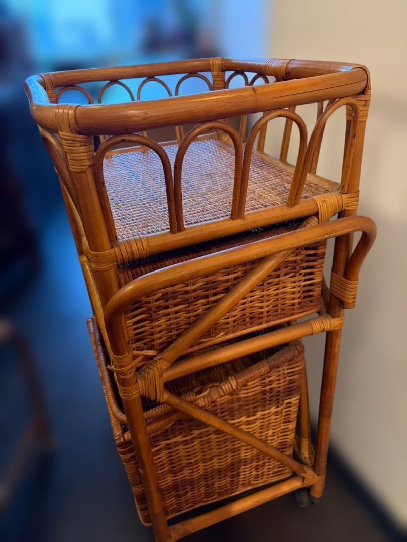 台湾製 ラタン バスケットラック 収納 キャスター付き 3段 ヴィンテージ