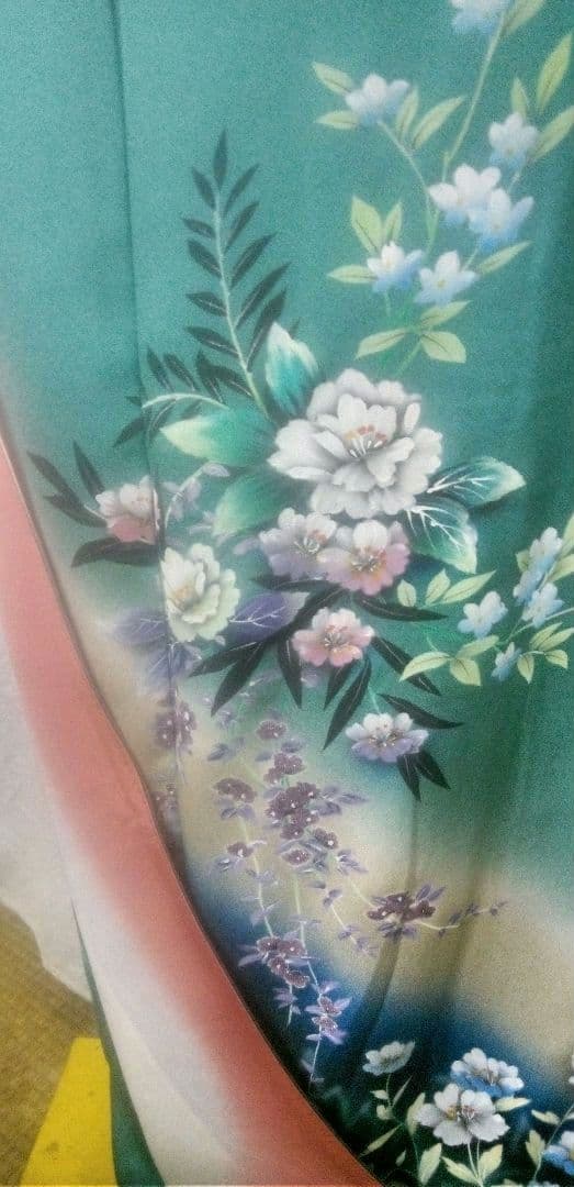 付け下げ、訪問着ブルーグリーン色、花柄入、身丈175cm