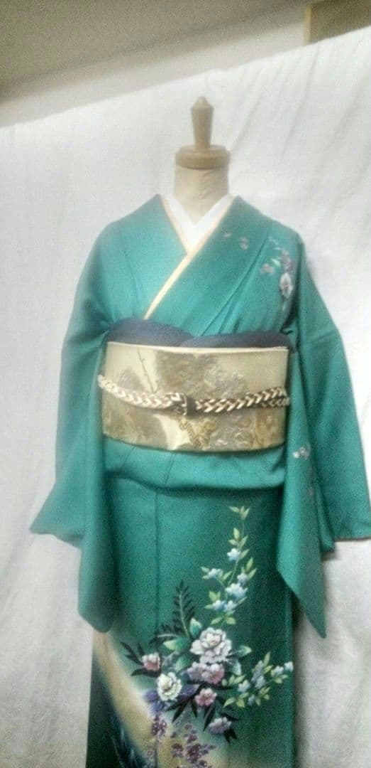 付け下げ、訪問着ブルーグリーン色、花柄入、身丈175cm