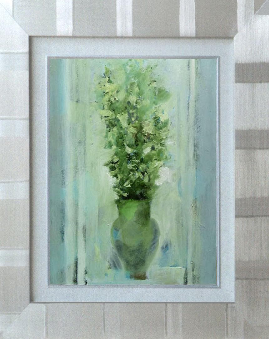 油絵 菅家令子 絵 絵画インテリア 額付(青緑＋金色の枠)uF6-111702花