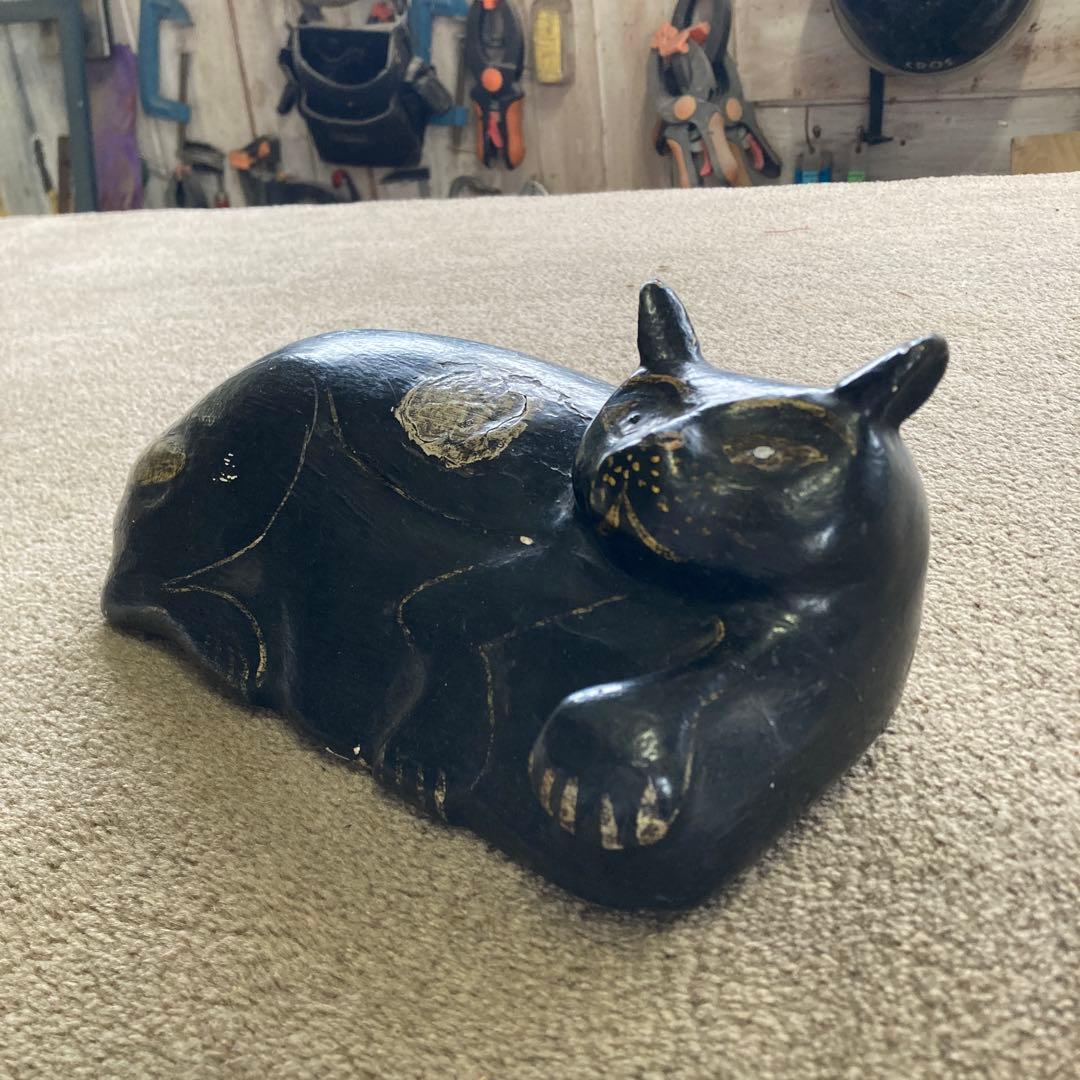 黒猫 木彫り 26cm アンティーク オブジェ オールドキャット