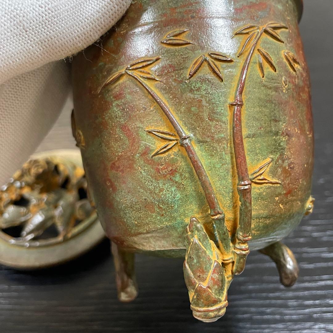 茶道具　香炉　松竹梅　大森孝志作　蝋型鋳物　証明書　共箱あり　高さ13cm