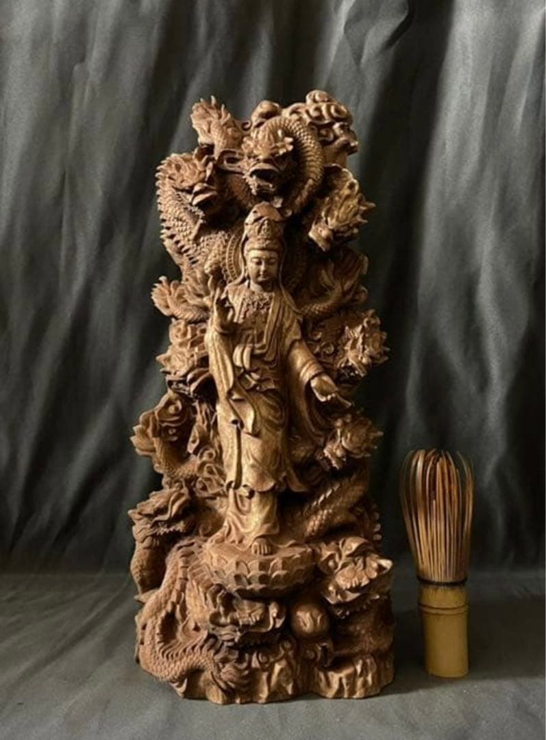 仏教工芸品　総楠製　井波彫刻　一刀彫　極上彫　木彫仏像　九龍観音菩薩立像