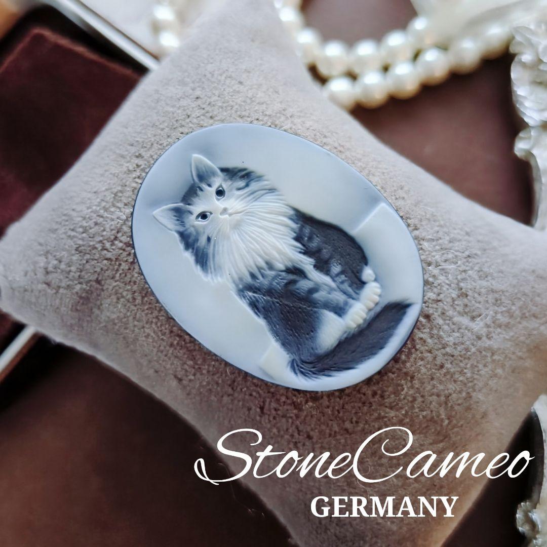 ドイツ CAMEO ストーン メノウ カメオ ルース 猫 メインクーン ブローチ