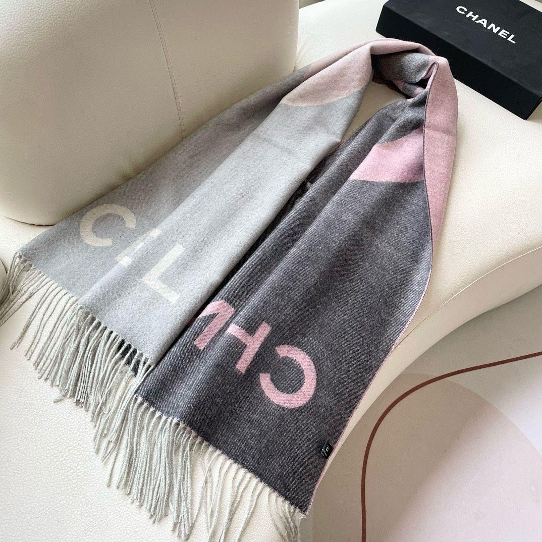CHANEL　マフラー　ピンク×グレー　大判ロゴ