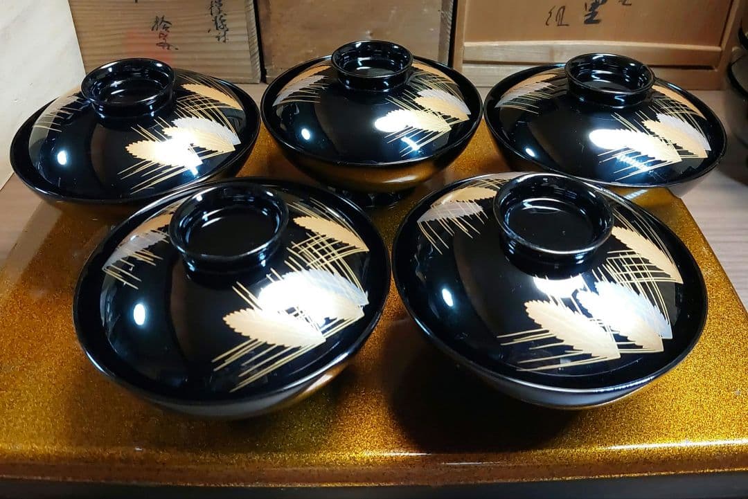 輪島黒塗金銀麦頭蒔絵椀五