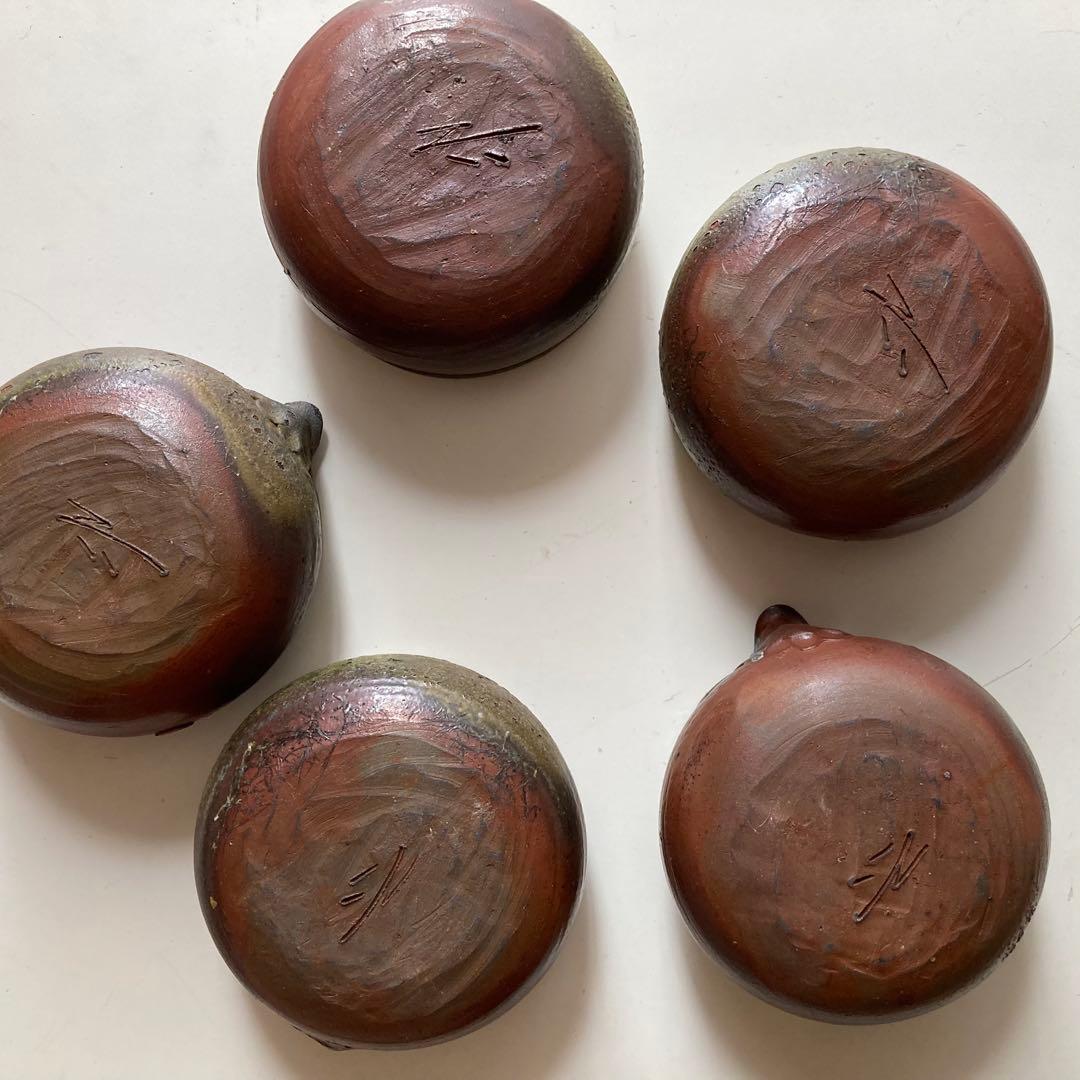 原田拾六　備前焼　向付　５客　共箱、陶歴、共布も５枚　抜群の上り