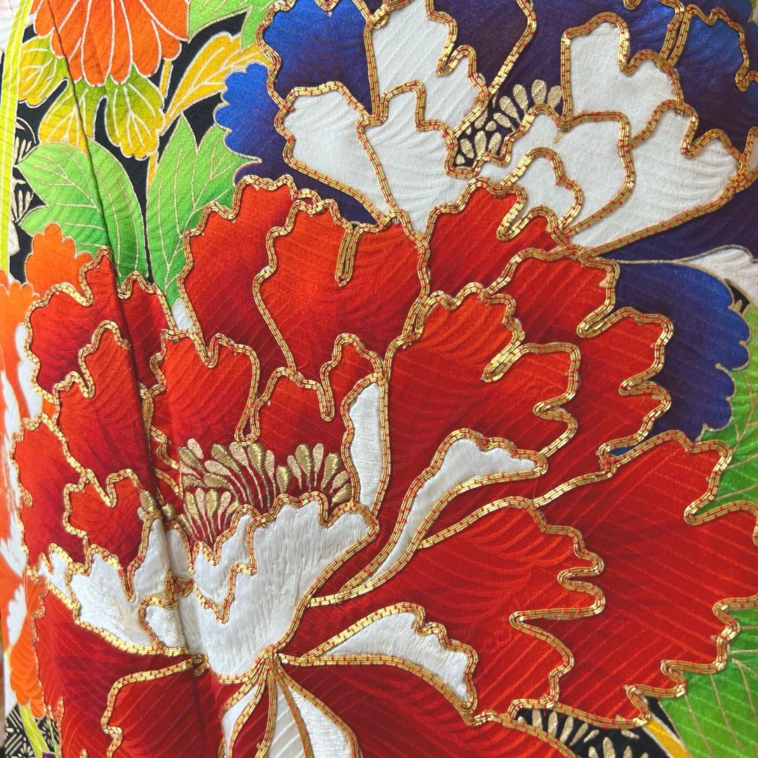 405 振袖フルセット 正絹 白 橙 黒 緑 金彩 駒刺繍 カラフル レトロ