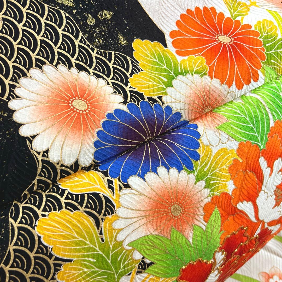 405 振袖フルセット 正絹 白 橙 黒 緑 金彩 駒刺繍 カラフル レトロ