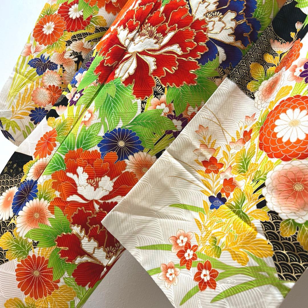 405 振袖フルセット 正絹 白 橙 黒 緑 金彩 駒刺繍 カラフル レトロ