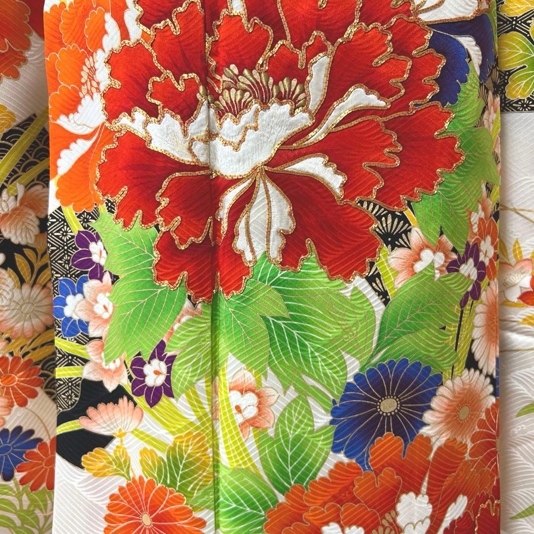 405 振袖フルセット 正絹 白 橙 黒 緑 金彩 駒刺繍 カラフル レトロ