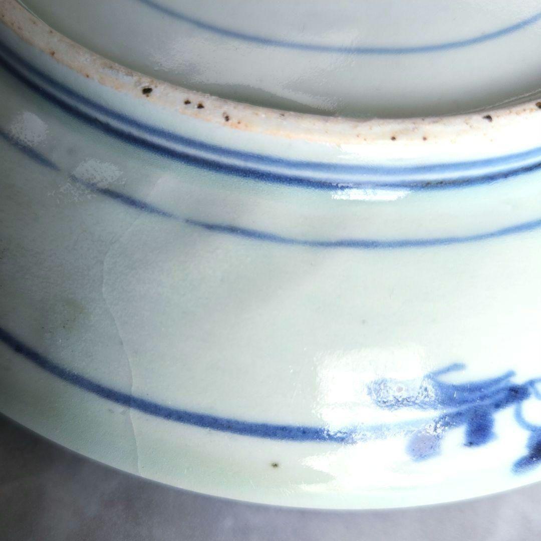 古伊万里　染付六寸皿　江戸時代　型紙摺　コンニャク印判　金直し　金継ぎ　骨董