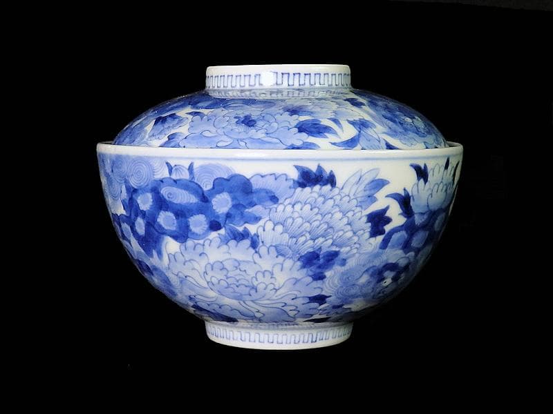 平戸　染付　唐獅子牡丹の図　蓋茶碗　E863AS-COz