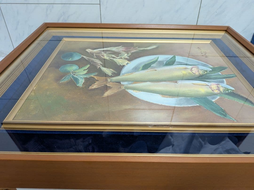 油絵「鮎２匹皿上並びにスダチ」昭和時代頃額サイズ横幅５７Ｘ縦４８Ｘ厚さ５額装品