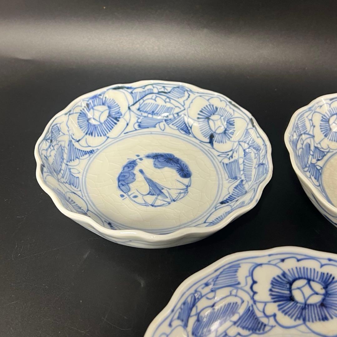 明治期 染付 松竹梅図 なます皿 5客揃 白磁 貫入◎古道具庵々