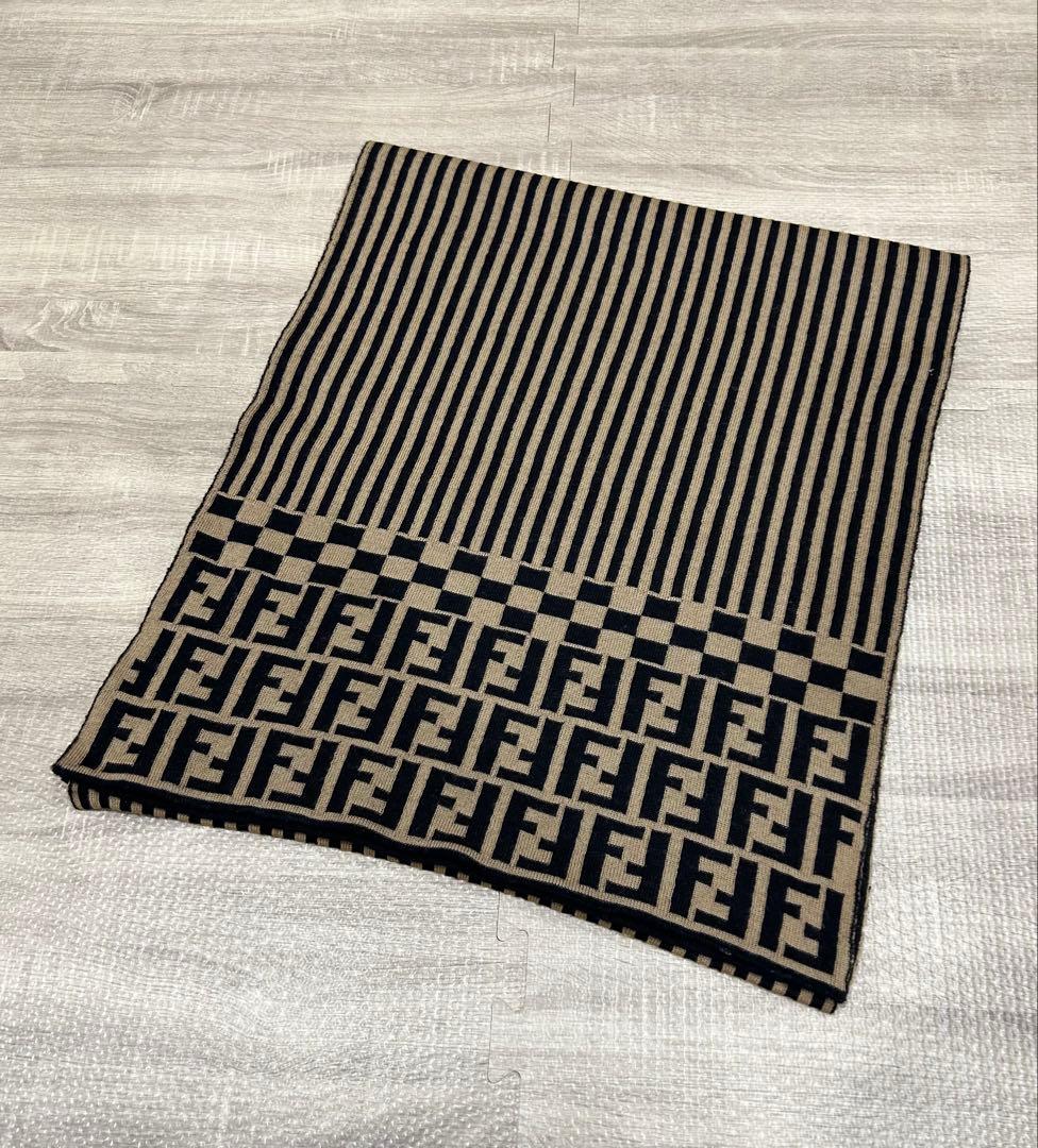 FENDI フェンディ ズッカ柄 ストライプ マフラー ストール ウール100%