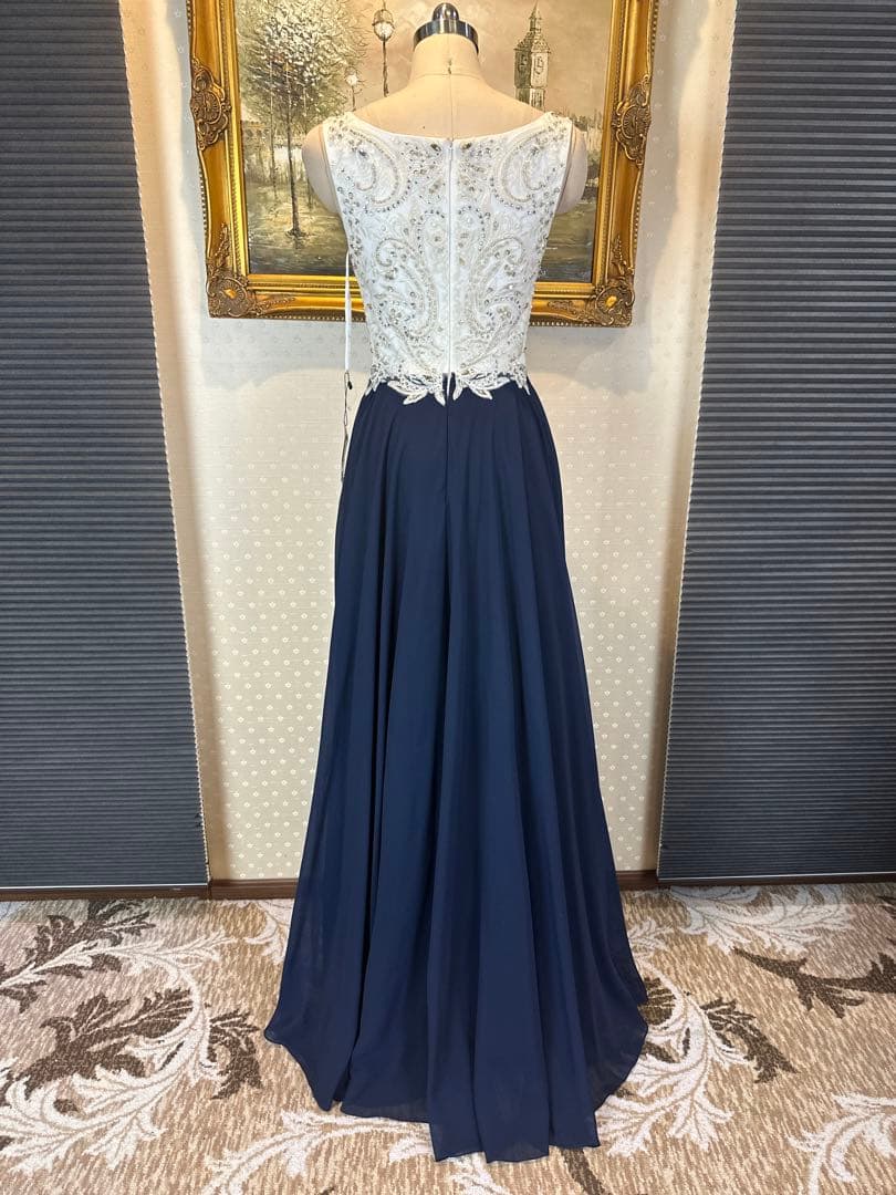 ネイビー ビーズ刺繍Aラインロングドレス