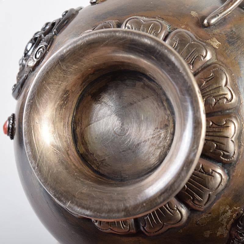 中国　白銅　神獣刻　玉石装飾　取手付杯　約167g　M　R8495