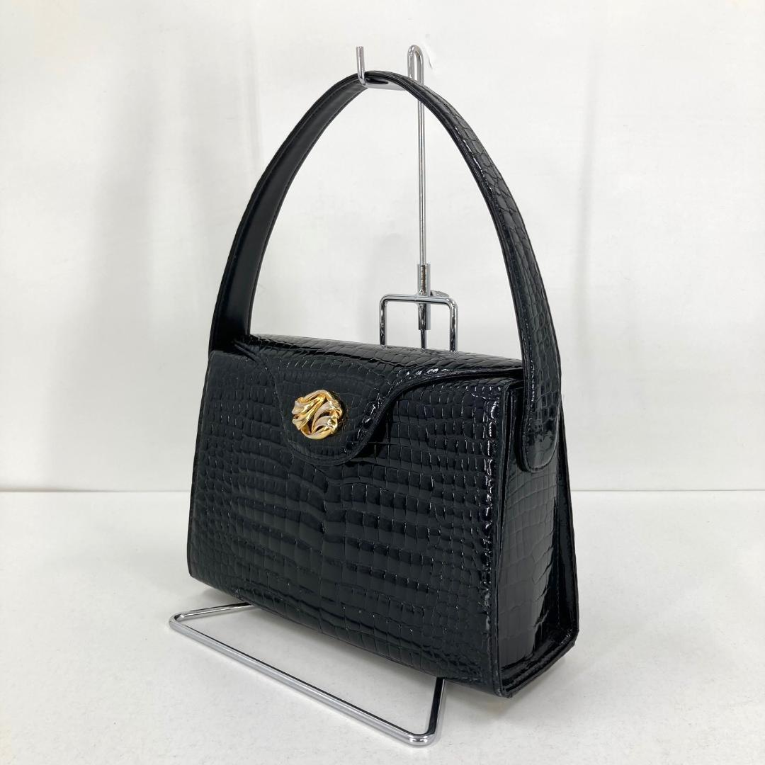 美品 クロコダイル　ハンドバッグ　高級　ゴールド金具　ブラック