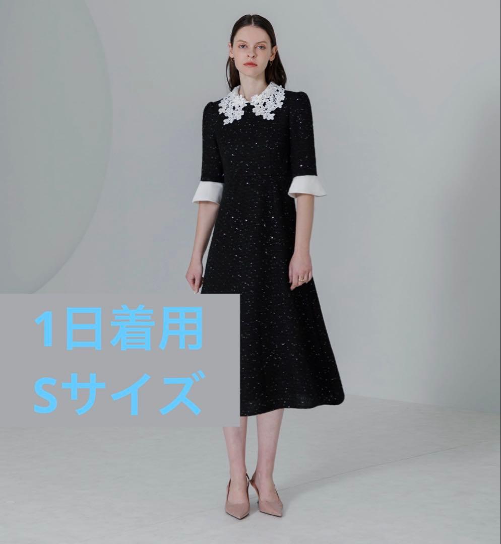 【LEJA】S 花柄スパンコールフレアドレスワンピース　ブラック