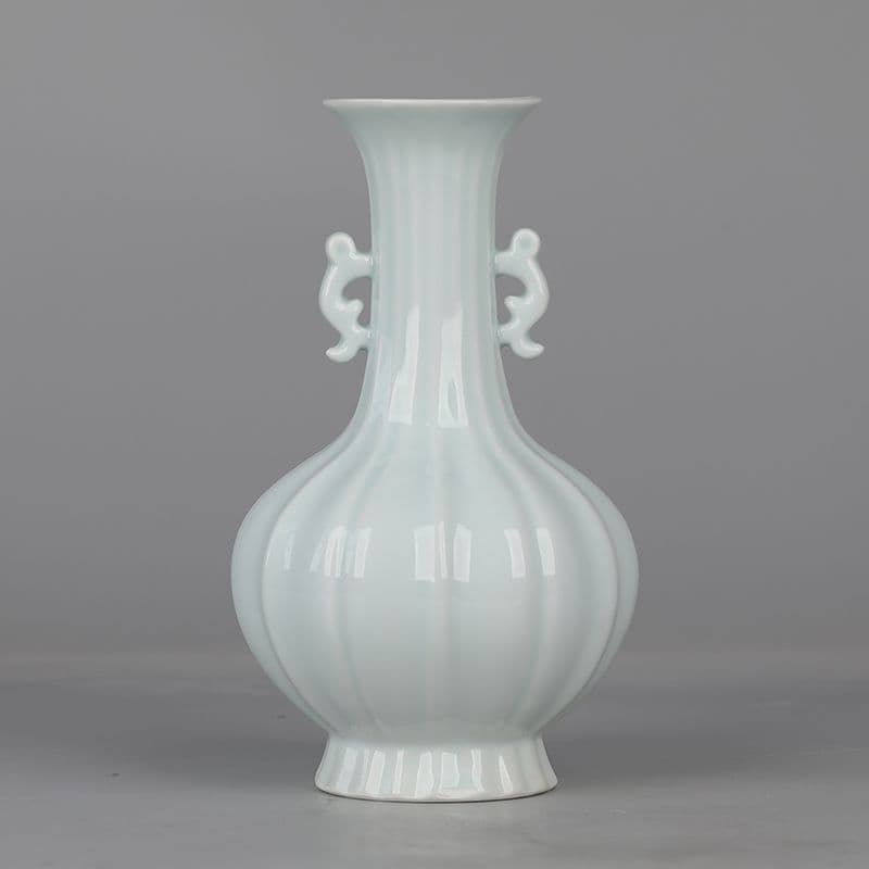 宋湖田窯影青釉瓜稜双耳瓶 景徳鎮 陶磁器 装飾品 現代工芸品美術品 置物
