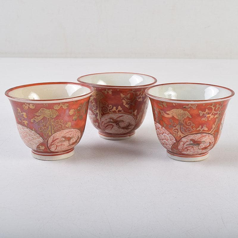 九谷焼　古九谷　赤絵金彩　煎茶碗　3種十四客まとめて　時代箱付　D　R9502