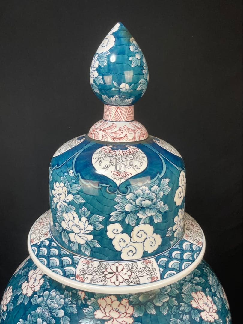有田焼 特大 染付 牡丹孔雀図 花鳥絵 飾壷 光右衛門作 沈香壺 三段壷 置物