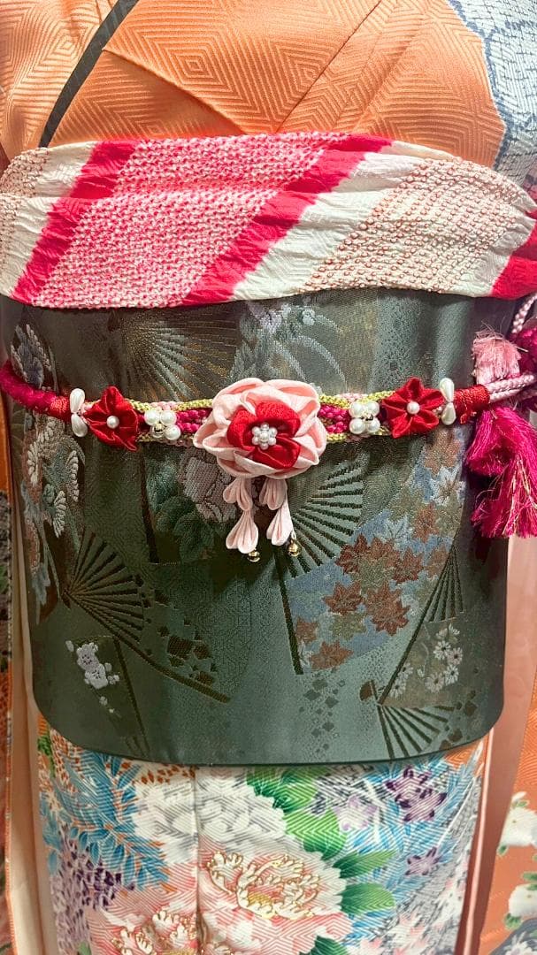 【美品】振袖フルセット成人式6点セット　オレンジ/緑/黒/ピンク/花柄/絞り柄