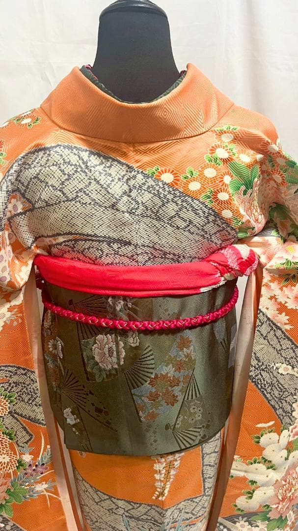 【美品】振袖フルセット成人式6点セット　オレンジ/緑/黒/ピンク/花柄/絞り柄