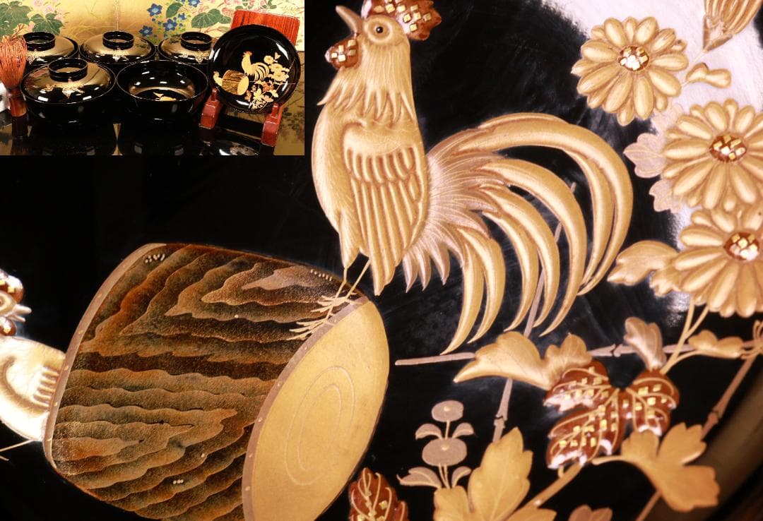 BJ131　時代輪島　加賀蒔絵　鶏図　吸物椀　五客　木製　茶道具 懐石 会席