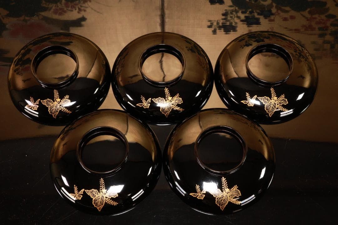 BJ131　時代輪島　加賀蒔絵　鶏図　吸物椀　五客　木製　茶道具 懐石 会席