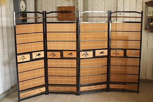 古い竹簾屏風　衝立　目隠し 四つ折り　透かし彫り　古民家　古道具