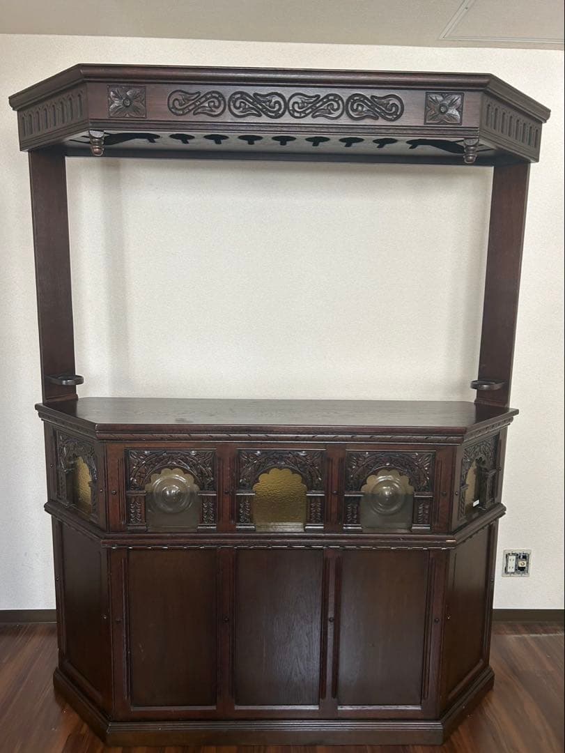 大塚家具 一点物 木製バーカウンター 彫刻入り ダークブラウン