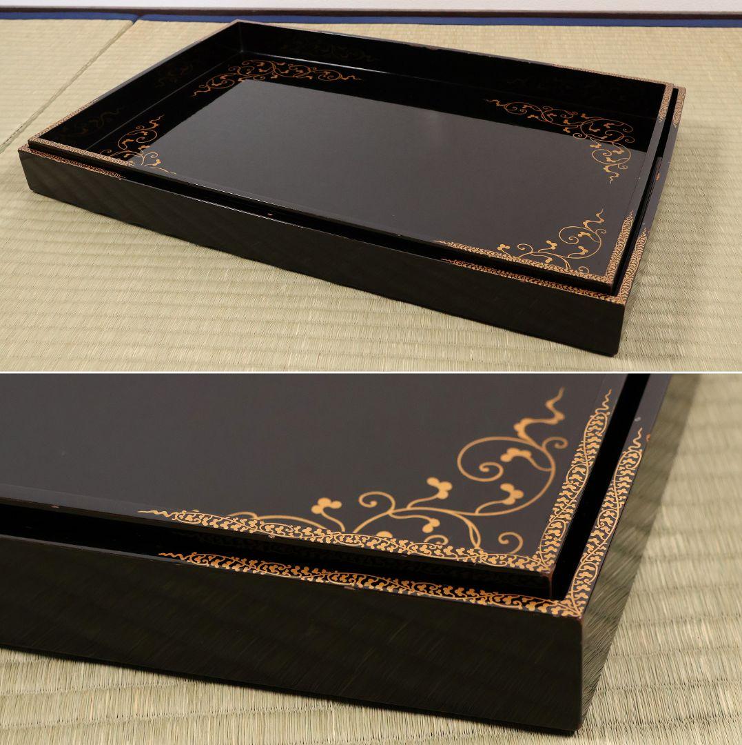 漆芸 木製漆器 唐草蒔絵 黒塗 長方盆 大小一組 2枚 脇取 広盆【MA719】