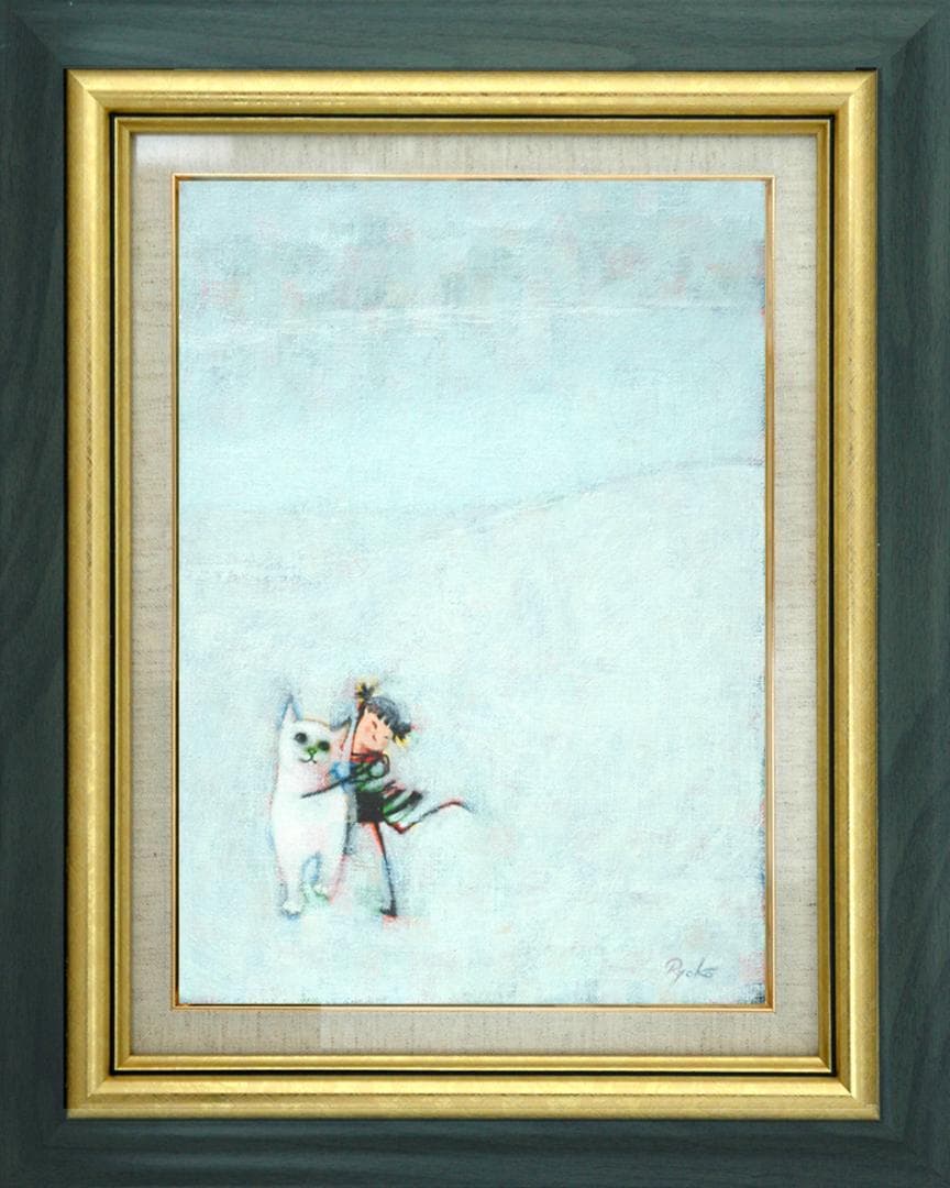 油絵 菅家令子 絵 絵画インテリア額付(青緑＋金色の枠)F3-091918猫女子