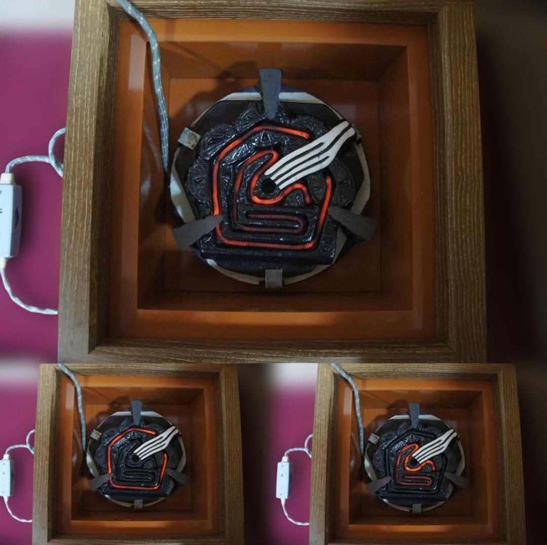 ☆桑色置炉 在銘裏甲釜 裏釜 替え蓋 釜鐶 置炉用600w炭型電熱器 送料込み