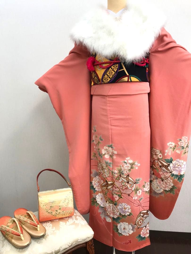 梅乃【140】正絹　振袖　フルセット　古典　ピンク　8点セット