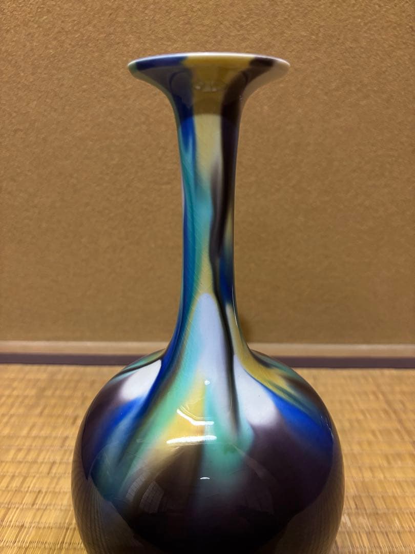 人間国宝　三代徳田八十吉　(正彦) 彩釉花入　花瓶　九谷焼　高さ26.5cm