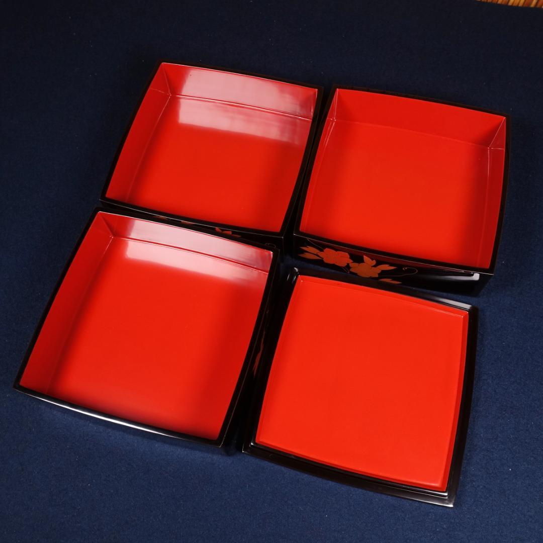 極上 輪島塗 黒塗 鉄仙蒔絵 三段重箱 共箱