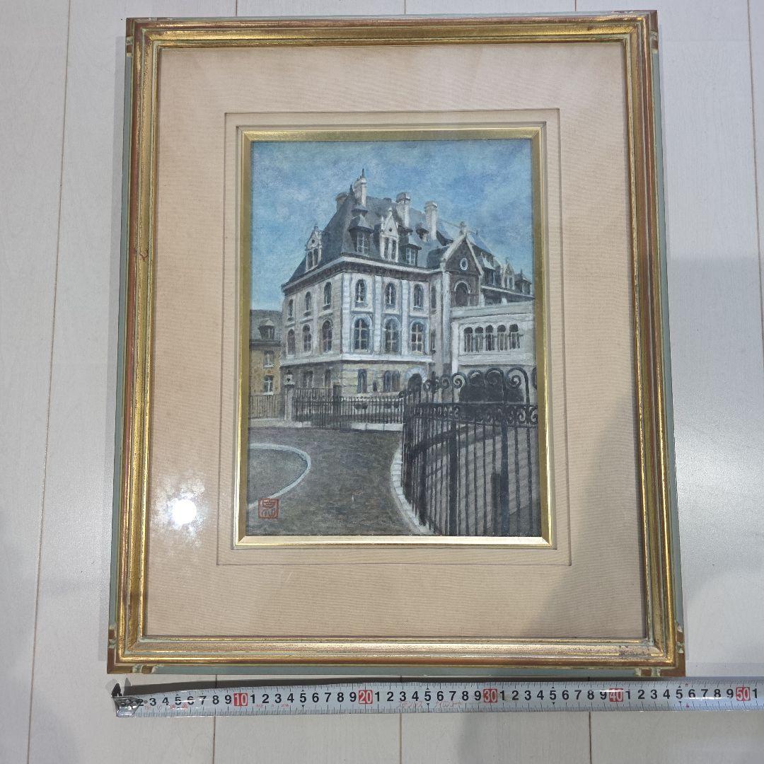 建物の油彩画 金色の額縁付き