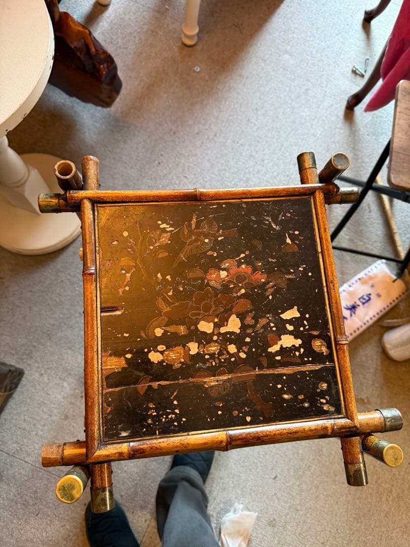 明治期 竹細工 蒔絵風パネル付 手焙り箱 花台 飾り棚