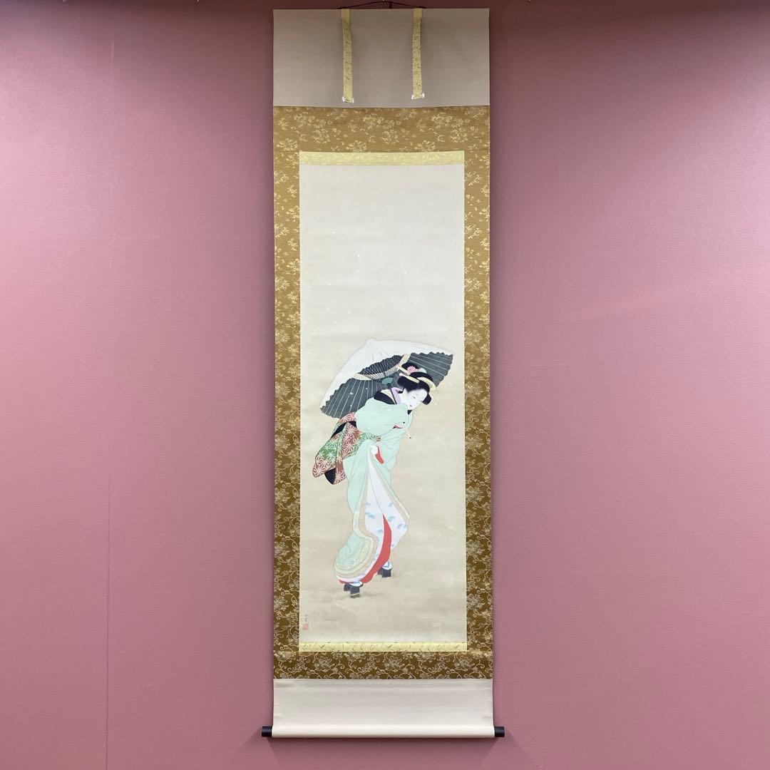 美品 掛け軸 上村松園筆「初雪」美人画 浮世絵 リトグラフ 縁起物