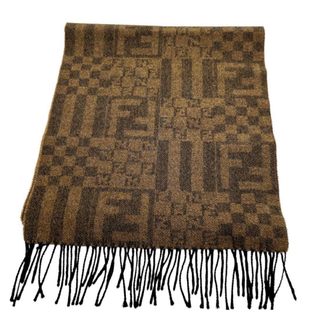 FENDI フェンディ ズッカ柄 ウールマフラー ブラウン チェック フリンジ