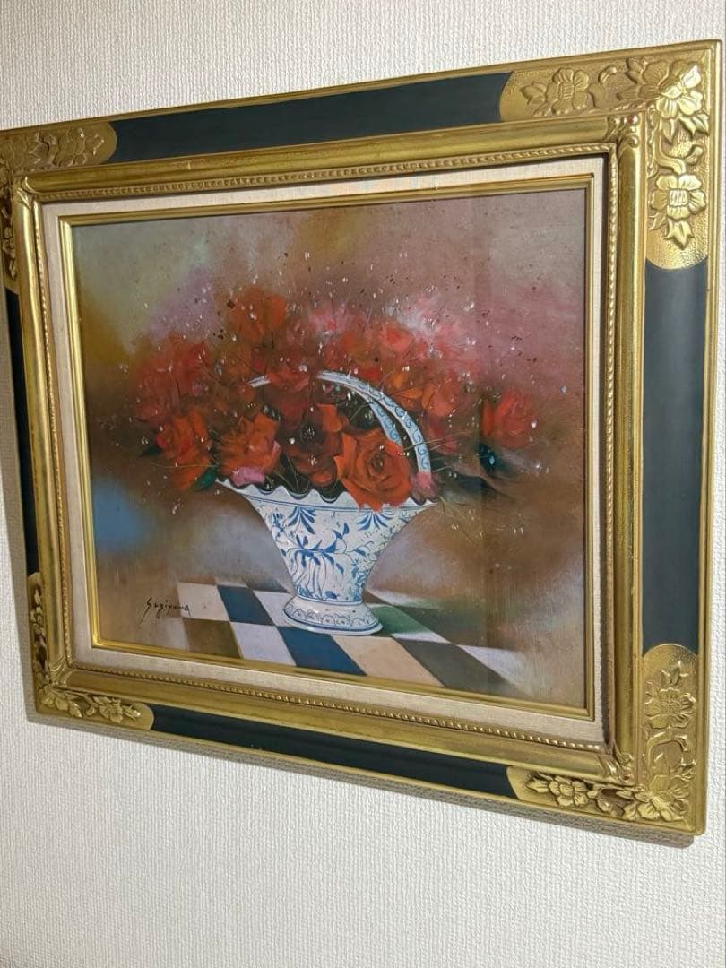 【紅薔薇】肉筆油彩画　作者不詳