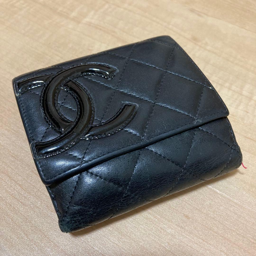 シールあり！シャネル CHANEL カンボンライン Wホック 二つ折り財布 黒