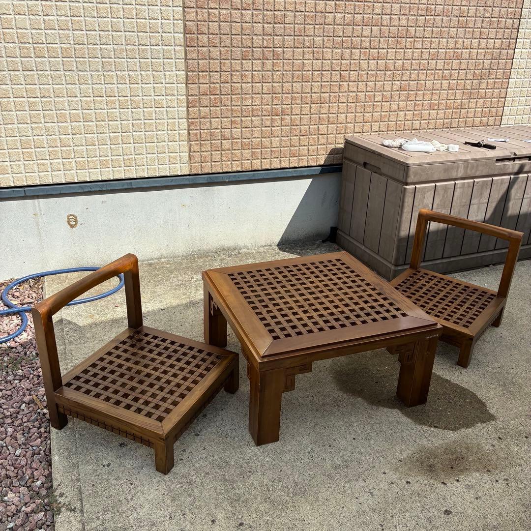 ローテーブル　ローチェア2脚セット　コーヒーテーブル　アンティーク　アジアン